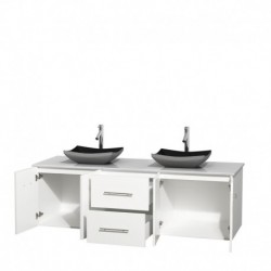 72 inch Double Bathroom Vanity in Matte White, White Man-Made Stone Countertop, Altair Black Granite Sinks, and No Mirror