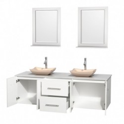 72 inch Double Bathroom Vanity in Matte White, White Man-Made Stone Countertop, Avalon Ivory Marble Sinks, and 24 inch Mirrors