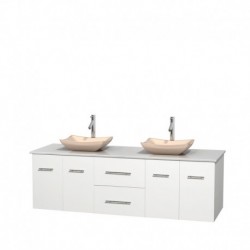 72 inch Double Bathroom Vanity in Matte White, White Man-Made Stone Countertop, Avalon Ivory Marble Sinks, and No Mirror