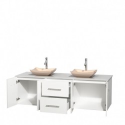 72 inch Double Bathroom Vanity in Matte White, White Man-Made Stone Countertop, Avalon Ivory Marble Sinks, and No Mirror