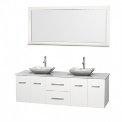 72 inch Double Bathroom Vanity in Matte White, White Man-Made Stone Countertop, Avalon White Carrera Marble Sinks, and 70 inch