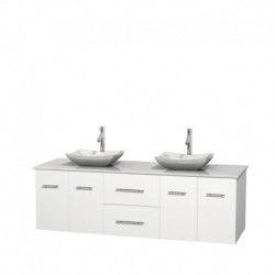 72 inch Double Bathroom Vanity in Matte White, White Man-Made Stone Countertop, Avalon White Carrera Marble Sinks, and No Mirro