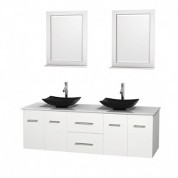 72 inch Double Bathroom Vanity in Matte White, White Man-Made Stone Countertop, Arista Black Granite Sinks, and 24 inch Mirrors