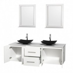 72 inch Double Bathroom Vanity in Matte White, White Man-Made Stone Countertop, Arista Black Granite Sinks, and 24 inch Mirrors