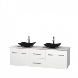 72 inch Double Bathroom Vanity in Matte White, White Man-Made Stone Countertop, Arista Black Granite Sinks, and No Mirror