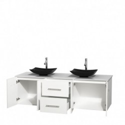 72 inch Double Bathroom Vanity in Matte White, White Man-Made Stone Countertop, Arista Black Granite Sinks, and No Mirror
