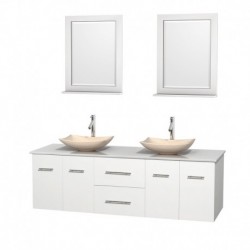 72 inch Double Bathroom Vanity in Matte White, White Man-Made Stone Countertop, Arista Ivory Marble Sinks, and 24 inch Mirrors