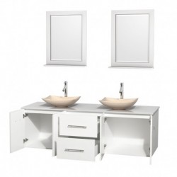 72 inch Double Bathroom Vanity in Matte White, White Man-Made Stone Countertop, Arista Ivory Marble Sinks, and 24 inch Mirrors