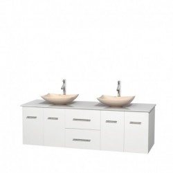 72 inch Double Bathroom Vanity in Matte White, White Man-Made Stone Countertop, Arista Ivory Marble Sinks, and No Mirror