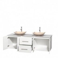 72 inch Double Bathroom Vanity in Matte White, White Man-Made Stone Countertop, Arista Ivory Marble Sinks, and No Mirror