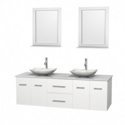 72 inch Double Bathroom Vanity in Matte White, White Man-Made Stone Countertop, Arista White Carrera Marble Sinks, and 24 inch