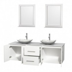 72 inch Double Bathroom Vanity in Matte White, White Man-Made Stone Countertop, Arista White Carrera Marble Sinks, and 24 inch