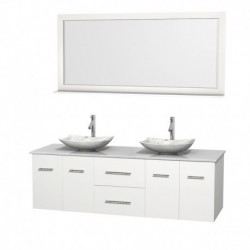 72 inch Double Bathroom Vanity in Matte White, White Man-Made Stone Countertop, Arista White Carrera Marble Sinks, and 70 inch