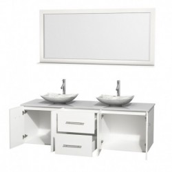 72 inch Double Bathroom Vanity in Matte White, White Man-Made Stone Countertop, Arista White Carrera Marble Sinks, and 70 inch