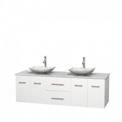 72 inch Double Bathroom Vanity in Matte White, White Man-Made Stone Countertop, Arista White Carrera Marble Sinks, and No Mirro