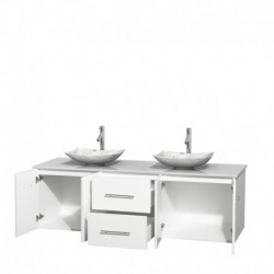 72 inch Double Bathroom Vanity in Matte White, White Man-Made Stone Countertop, Arista White Carrera Marble Sinks, and No Mirro