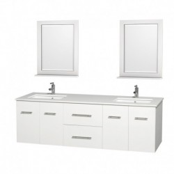72 inch Double Bathroom Vanity in Matte White, White Man-Made Stone Countertop, Undermount Square Sink, and 24 inch Mirrors