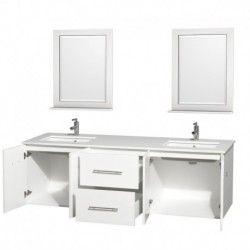 72 inch Double Bathroom Vanity in Matte White, White Man-Made Stone Countertop, Undermount Square Sink, and 24 inch Mirrors