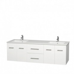 72 inch Double Bathroom Vanity in Matte White, White Man-Made Stone Countertop, Undermount Square Sinks, and No Mirror