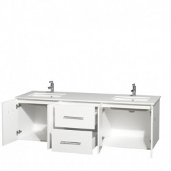 72 inch Double Bathroom Vanity in Matte White, White Man-Made Stone Countertop, Undermount Square Sinks, and No Mirror