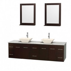 80 inch Double Bathroom Vanity in Espresso, White Carrera Marble Countertop, Pyra Bone Porcelain Sinks, and 24 inch Mirrors