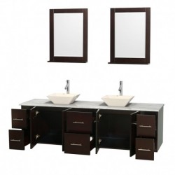80 inch Double Bathroom Vanity in Espresso, White Carrera Marble Countertop, Pyra Bone Porcelain Sinks, and 24 inch Mirrors