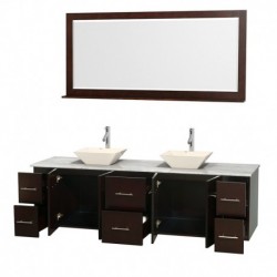 80 inch Double Bathroom Vanity in Espresso, White Carrera Marble Countertop, Pyra Bone Porcelain Sinks, and 70 inch Mirror