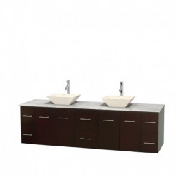 80 inch Double Bathroom Vanity in Espresso, White Carrera Marble Countertop, Pyra Bone Porcelain Sinks, and No Mirror
