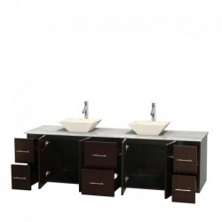 80 inch Double Bathroom Vanity in Espresso, White Carrera Marble Countertop, Pyra Bone Porcelain Sinks, and No Mirror
