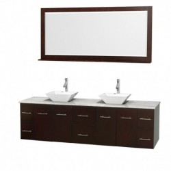 80 inch Double Bathroom Vanity in Espresso, White Carrera Marble Countertop, Pyra White Porcelain Sinks, and 70 inch Mirror