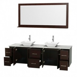 80 inch Double Bathroom Vanity in Espresso, White Carrera Marble Countertop, Pyra White Porcelain Sinks, and 70 inch Mirror