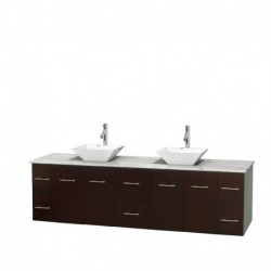 80 inch Double Bathroom Vanity in Espresso, White Carrera Marble Countertop, Pyra White Porcelain Sinks, and No Mirror