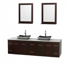 80 inch Double Bathroom Vanity in Espresso, White Carrera Marble Countertop, Altair Black Granite Sinks, and 24 inch Mirrors