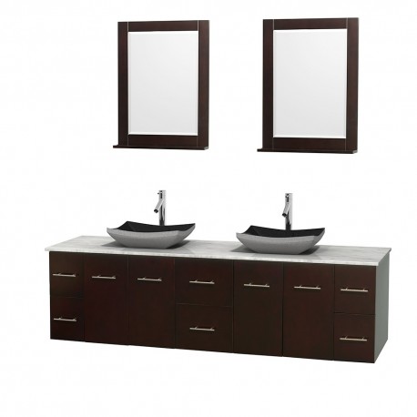 80 inch Double Bathroom Vanity in Espresso, White Carrera Marble Countertop, Altair Black Granite Sinks, and 24 inch Mirrors