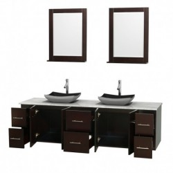 80 inch Double Bathroom Vanity in Espresso, White Carrera Marble Countertop, Altair Black Granite Sinks, and 24 inch Mirrors