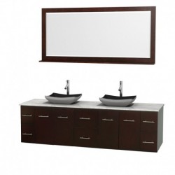 80 inch Double Bathroom Vanity in Espresso, White Carrera Marble Countertop, Altair Black Granite Sinks, and 70 inch Mirror