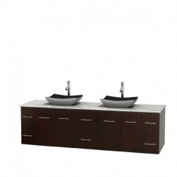 80 inch Double Bathroom Vanity in Espresso, White Carrera Marble Countertop, Altair Black Granite Sinks, and No Mirror