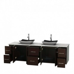 80 inch Double Bathroom Vanity in Espresso, White Carrera Marble Countertop, Altair Black Granite Sinks, and No Mirror
