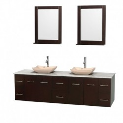 80 inch Double Bathroom Vanity in Espresso, White Carrera Marble Countertop, Avalon Ivory Marble Sinks, and 24 inch Mirrors