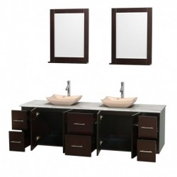 80 inch Double Bathroom Vanity in Espresso, White Carrera Marble Countertop, Avalon Ivory Marble Sinks, and 24 inch Mirrors