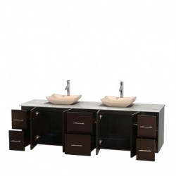 80 inch Double Bathroom Vanity in Espresso, White Carrera Marble Countertop, Avalon Ivory Marble Sinks, and No Mirror