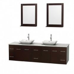 80 inch Double Bathroom Vanity in Espresso, White Carrera Marble Countertop, Avalon White Carrera Marble Sinks, and 24 inch Mir