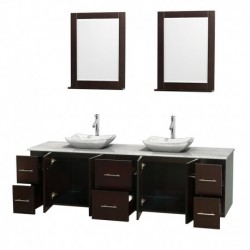 80 inch Double Bathroom Vanity in Espresso, White Carrera Marble Countertop, Avalon White Carrera Marble Sinks, and 24 inch Mir