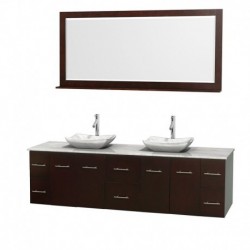 80 inch Double Bathroom Vanity in Espresso, White Carrera Marble Countertop, Avalon White Carrera Marble Sinks, and 70 inch Mir
