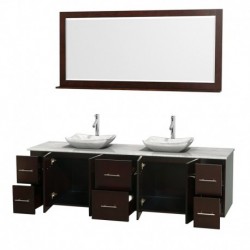 80 inch Double Bathroom Vanity in Espresso, White Carrera Marble Countertop, Avalon White Carrera Marble Sinks, and 70 inch Mir