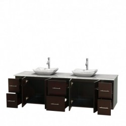 80 inch Double Bathroom Vanity in Espresso, White Carrera Marble Countertop, Avalon White Carrera Marble Sinks, and No Mirror