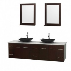 80 inch Double Bathroom Vanity in Espresso, White Carrera Marble Countertop, Arista Black Granite Sinks, and 24 inch Mirrors