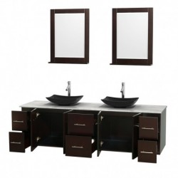 80 inch Double Bathroom Vanity in Espresso, White Carrera Marble Countertop, Arista Black Granite Sinks, and 24 inch Mirrors