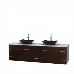 80 inch Double Bathroom Vanity in Espresso, White Carrera Marble Countertop, Arista Black Granite Sinks, and No Mirror