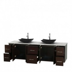 80 inch Double Bathroom Vanity in Espresso, White Carrera Marble Countertop, Arista Black Granite Sinks, and No Mirror
